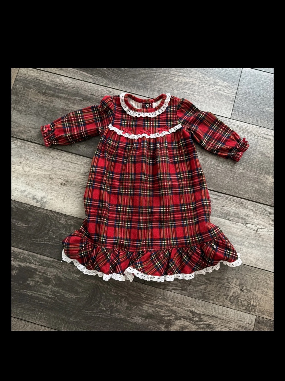 Little Me Girls Plaid Christmas Nightgown Red Long Sleeve Lace Trim 18 Months